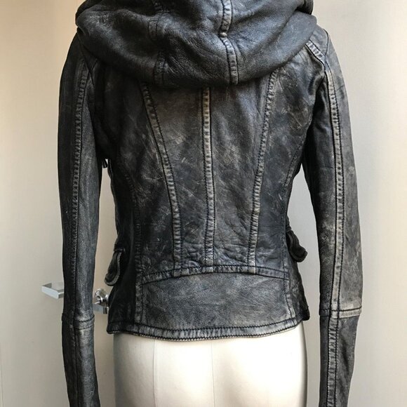 Womens Andrew Marc Leather Jacket Size XS Black Brown Moto Hoodie Biker Grunge - Picture 3 of 9